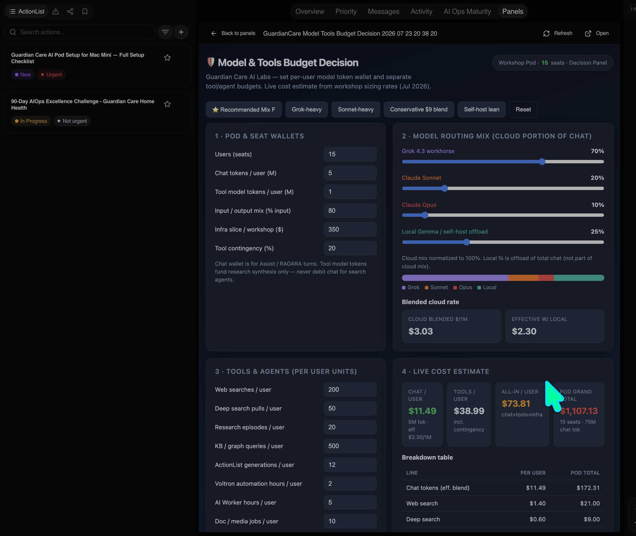 ActionBoard Action Panels — an AI-built decision board with live cost estimates